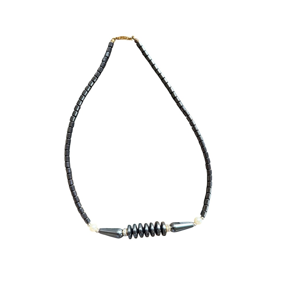Vintage‎ Hematite Beaded Necklace Grey Metallic Faux Pearl Rhinestone 16 Inch